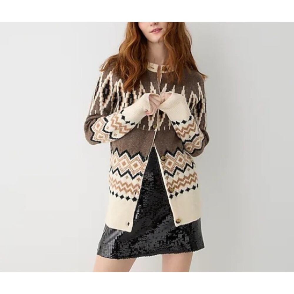 J Crew Fair Isle Cardigan Womens Heather Fawn Muslin Alpaca/Merino Wool M - Picture 2 of 8